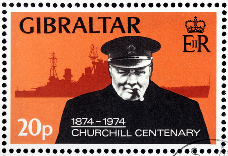 GIBRALTAR - CIRCA 1974: A stamp printed by GREAT BRITAIN shows image portrait of famous British statesman, Prime Minister of the United Kingdom Sir Winston Churchill, circa 1974のeditorial素材