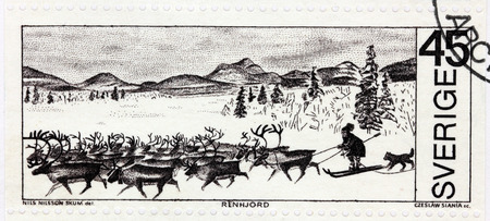 SWEDEN - CIRCA 1970: A stamp printed by SWEDEN shows Reindeer Herd. The stamp from the Around the Arctic Circle set, circa 1970のeditorial素材