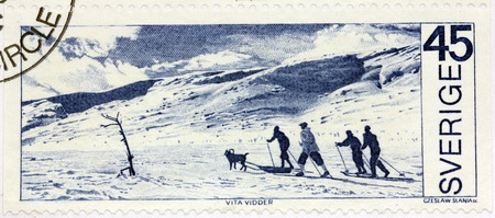 SWEDEN - CIRCA 1970: A stamp printed by SWEDEN shows Winter Lapland Landscape and Skiers. The stamp...
