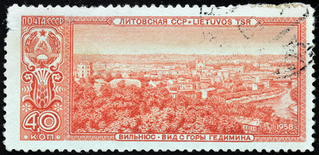 SOVIET UNION - CIRCA 1958: A stamp printed by USSR shows view of Vilnius - the capital and the largest city of Lithuania, circa 1958のeditorial素材
