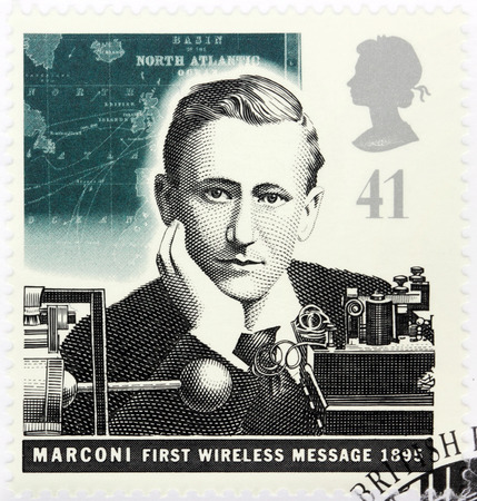 UNITED KINGDOM - CIRCA 1995: A stamp printed by GREAT BRITAIN shows Italian physicist and inventor Guglielmo Marconi, known for his pioneering work on long-distance radio transmission circa, 1995のeditorial素材