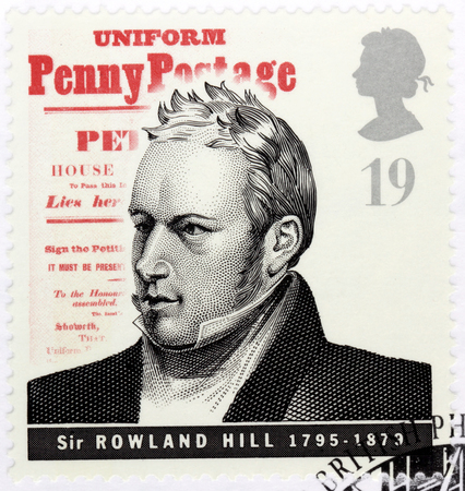 UNITED KINGDOM - CIRCA 1995: A stamp printed by GREAT BRITAIN shows image portrait of famous English schoolteacher, postal administrator, social reformer Sir Rowland Hill, circa 1995のeditorial素材
