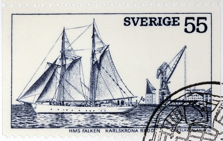 SWEDEN - CIRCA 1972: A stamp printed by SWEDEN shows Royal Swedish Navy sail-training schooner HMS Falken in Karlskrona harbor, circa 1972のeditorial素材