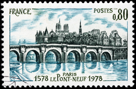 FRANCE - CIRCA 1978: A stamp printed by FRANCE shows beautiful view of The Pont Neuf (New Bridge) - the oldest standing bridge across the river Seine in Paris, France, circa 1978のeditorial素材