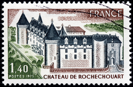 FRANCE - CIRCA 1975: A stamp printed by FRANCE shows Chateau de Rochechouart - thirteenth-century French castle, located at the top of the confluence of the Grene and Vayres rivers, circa 1975のeditorial素材