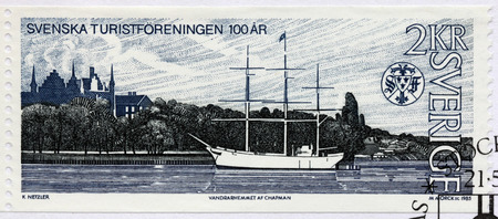 SWEDEN - CIRCA 1985: A stamp printed by SWEDEN shows Sailing Ship Af Chapman in Stockholm, circa 1985のeditorial素材