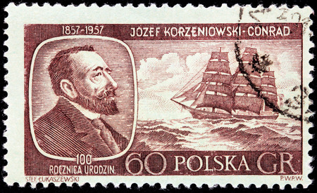 POLAND - CIRCA 1957: A stamp printed by POLAND shows image portrait of Joseph Conrad (Jozef Teodor Konrad Korzeniowski) - a Polish author who wrote in English after settling in England, circa 1957のeditorial素材