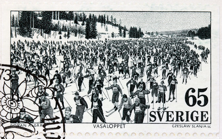 SWEDEN - CIRCA 1973: A stamp printed by SWEDEN shows The start of the Vasa Ski Race in Salen, Dalecarlia (Dalarna), Sweden, circa 1973のeditorial素材