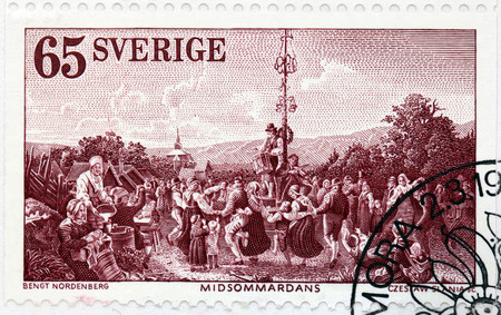 SWEDEN - CIRCA 1973: A stamp printed by SWEDEN shows Midsummer Dance (1854) - engraving after a painting of Swedish artist Bengt Nordenberg, circa 1973のeditorial素材