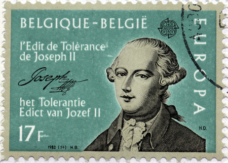 BELGIUM - CIRCA 1982: a stamp printed by BELGIUM shows image portrait of Holy Roman Emperor Joseph II (Joseph Benedikt Anton Michael Adam), circa 1982.のeditorial素材
