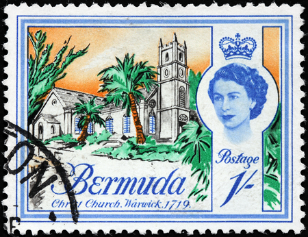 BERMUDA - CIRCA 1962: A stamp printed by BERMUDAS ISLES shows view of Christ Church, Warwick. This is one of the oldest Presbyterian churches in western hemisphere and dates back to 1719, circa 1962のeditorial素材