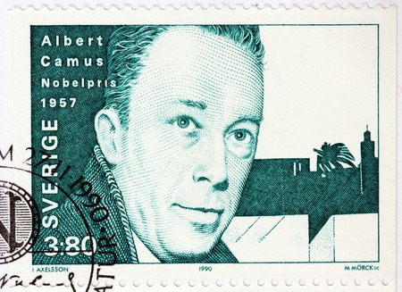 SWEDEN - CIRCA 1990: A stamp printed by SWEDEN shows image portrait of famous French-Algerian Nobel Prize winning author, journalist, and philosopher Albert Camus, circa 1990のeditorial素材