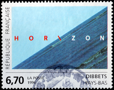 FRANCE - CIRCA 1996: A stamp printed by FRANCE shows Horizon by famous Dutch conceptual artist Jan Dibbets, circa 1996のeditorial素材