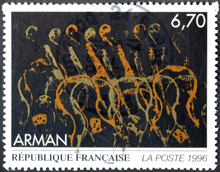 FRANCE - CIRCA 1996: A stamp printed by FRANCE shows Imprints of Cello Fragments by French born American artist Arman (Armand Fernandez), circa 1996のeditorial素材