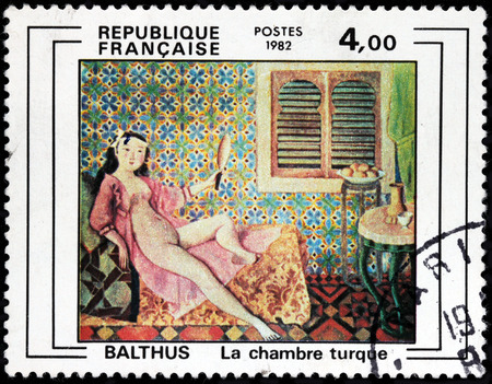 FRANCE - CIRCA 1982: A stamp printed by FRANCE shows painting Turkish Chamber by Polish French modern artist Baltazar Klossowski called Balthus, circa 1982のeditorial素材