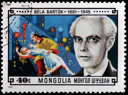 MONGOLIA - CIRCA 1981: A stamp printed by MONGOLIA shows image portrait of famous Hungarian composer and pianist Bela Viktor Janos Bartok, circa 1981.のeditorial素材