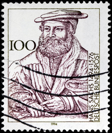 GERMANY - CIRCA 1994: A stamp printed by GERMANY shows image portrait of famous German meistersinger (mastersinger), poet, playwright, and shoemaker Hans Sachs, circa 1994.のeditorial素材