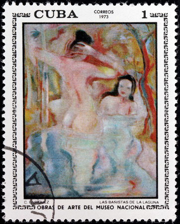 CUBA - CIRCA 1973: A stamp printed by CUBA shows painting Bathing in the Lagoon by famous Cuban painter and writer Carlos Enriquez, circa 1973のeditorial素材