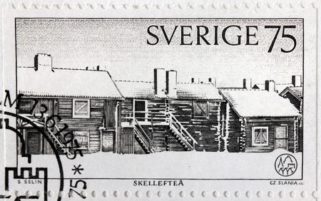 SWEDEN - CIRCA 1975: A stamp printed by SWEDEN shows Skelleftea church village (17th century) It was used by the people in the parish, who lived very far away, when they went to church, circa 1975.のeditorial素材
