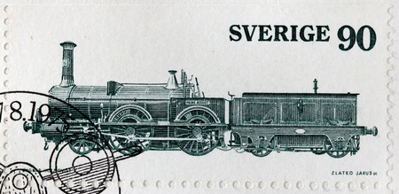 SWEDEN - CIRCA 1975: A stamp printed by SWEDEN shows English Steam Locomotive called Prince August. This locomotive was used on first Swedish state railroad line Malmo - Lund, circa 1975のeditorial素材
