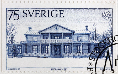 SWEDEN - CIRCA 1975: A stamp printed by SWEDEN shows view of the Officers Mess built in 1798 at the old Rommehed military camp in the province of Dalecarlia, circa 1975.のeditorial素材
