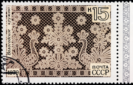 RUSSIA - CIRCA 1979: A stamp printed by USSR (Russia) shows famous Vologda Lace - Russian folk craft, circa 1979のeditorial素材