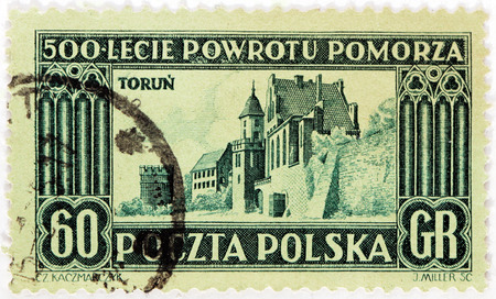 POLAND - CIRCA 1954: A stamp printed by POLAND shows view of Torun -  a city in northern Poland, on the Vistula River, circa 1954.のeditorial素材