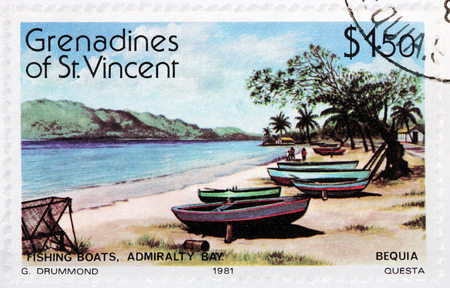 GRENADINES OF SAINT VINCENT - CIRCA 1981: A stamp printed by GRENADINES of St. VINCENT shows view of the fishing boats in Admiralty Bay on Bequia Island, circa 1981のeditorial素材