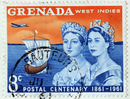 GRENADA - CIRCA 1961: A stamp printed by GRENADA shows image portraits of Queen Victoria and Queen Elizabeth II against Caribbean Sea, circa 1961のeditorial素材