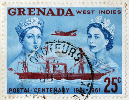 GRENADA - CIRCA 1961: A stamp printed by GRENADA shows image portraits of Queen Victoria and Queen Elizabeth II, circa 1961のeditorial素材