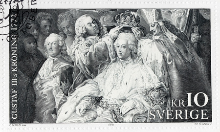 SWEDEN - CIRCA 1991: A stamp printed by SWEDEN shows engraving by Czeslaw Slania after painting Coronation of King Gustav III by famous Swedish artist Carl Gustaf Pilo, circa 1991のeditorial素材