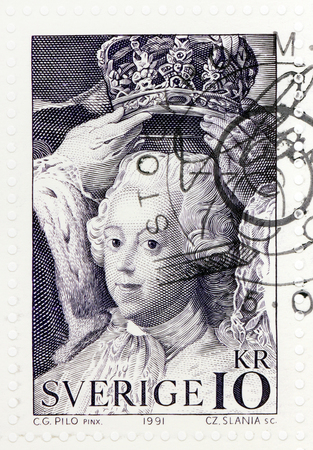 SWEDEN - CIRCA 1991: A stamp printed by SWEDEN shows Crowned Head of King Gustav III. Detail of a painting Coronation of King Gustav III by famous Swedish artist Carl Gustaf Pilo, circa 1991のeditorial素材