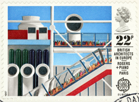 GREAT BRITAIN - CIRCA 1987: A stamp printed by GREAT BRITAIN shows view of Centre Georges Pompidou in Paris, France. British architects in Europe series, circa 1987.のeditorial素材