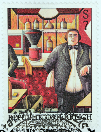 AUSTRIA - CIRCA 1999: A stamp printed by AUSTRIA shows painting The Waiter by famous Austrian painter Wolfgang Herzig, circa 1999 AUSTRIA - CIRCA 1999: A stamp printed by AUSTRIA shows painting The Waiter by famous Austrian painter Wolfgang Herzig, circa 1999