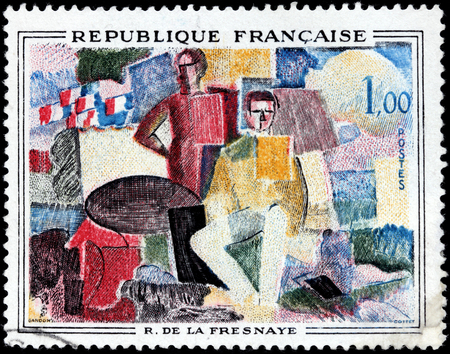 FRANCE - CIRCA NOVEMBER, 1961: A stamp printed by FRANCE shows engraving after painting The 14th of July by famous French Cubist painter Roger de La Fresnaye.のeditorial素材