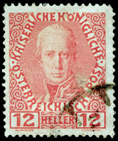 LUGA, RUSSIA - FEBRUARY 7, 2017: A stamp printed by AUSTRIA shows image portrait of Austrian Emporer Franz I (1792-1835), circa 1908のeditorial素材
