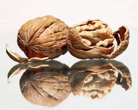 Whole walnut and walnut kernel with amazing reflections against high key background  with space for...
