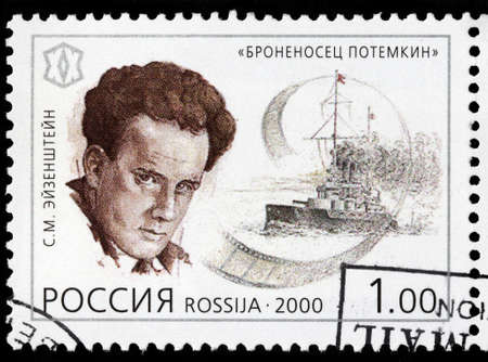 LUGA, RUSSIA - FEBRUARY 17, 2019: A stamp printed by RUSSIA shows Sergei Eisenstein - famous Soviet...