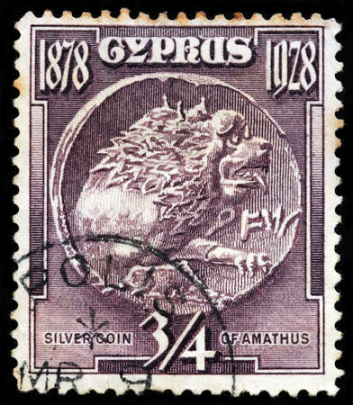 LUGA, RUSSIA - FEBRUARY 08, 2018: A stamp printed by CYPRUS shows old silver coin of ancient Amathus city, circa 1928のeditorial素材