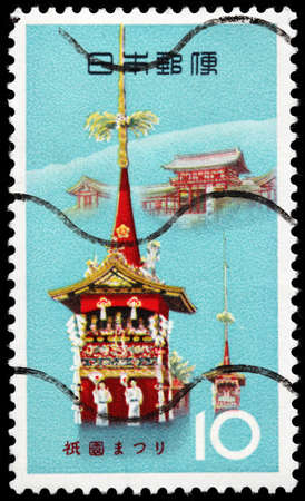 LUGA, RUSSIA - SEPTEMBER 02, 2019: A stamp printed by JAPAN shows Gion Festival (Gion Matsuri) - one of the most famous festivals in Japan, takes place annually in Kyoto, circa 1964.のeditorial素材