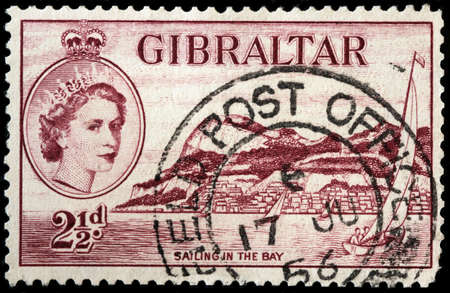 LUGA, RUSSIA - OCTOBER 07, 2017: A stamp printed by GIBRALTAR shows image portrait Queen Elizabeth...