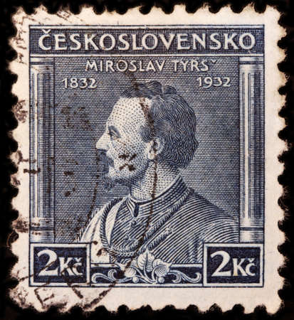LUGA, RUSSIA - JANUARY 23, 2018: A stamp printed by CZECHOSLOVAKIA shows portrait of Miroslav Tyrs - Czech art historian, sports organizer and founder of the Sokol movement, circa 1932のeditorial素材