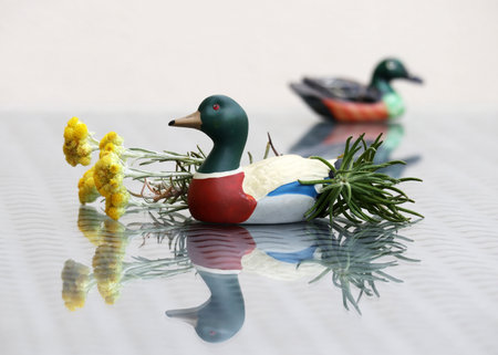 Still life with two small toy ducks and Dwarf Everlast flower is also known as immortelle. High key background and beautiful reflections. Selective soft focus.の写真素材