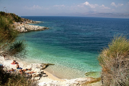 Seaside of Kanoni beach on Corfu island in Greeceの写真素材