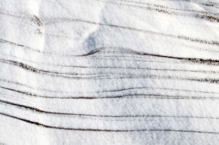 Sleet at a wind sticks to the ground, forming beautiful reliefsの写真素材