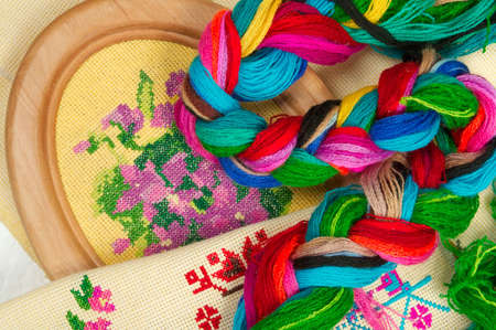 Violet flower embroidered with silk threadsの写真素材