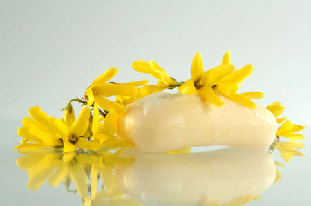 Piece of a soap on glass in an environment of yellow colorsの写真素材