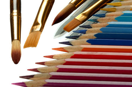 Art brushes and set of color pencils.の写真素材