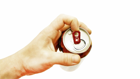 Opening of an aluminum jar with under beer on a white background