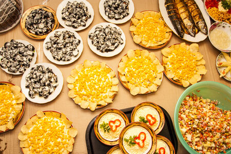 The prepared different dishes, salads, fish and seasoningsの写真素材